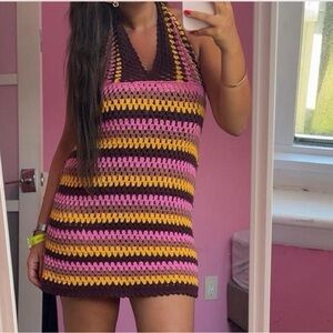 Crochet Halter Mini Dress in Pink, Mustard & Brown